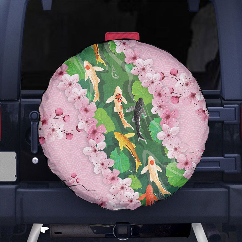 Koi Fish Sakura Japan Spare Tire Cover Eternal Flow Cherry Blossom Seigaiha Pattern