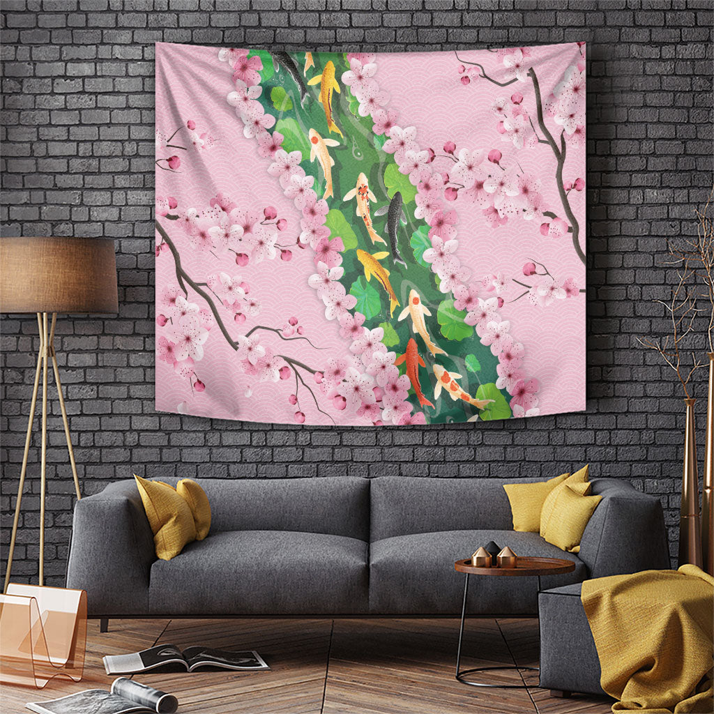 Koi Fish Sakura Japan Tapestry Eternal Flow Cherry Blossom Seigaiha Pattern