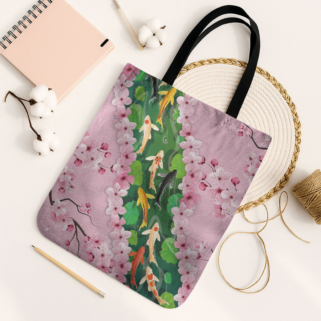 Koi Fish Sakura Japan Tote Bag Eternal Flow Cherry Blossom Seigaiha Pattern