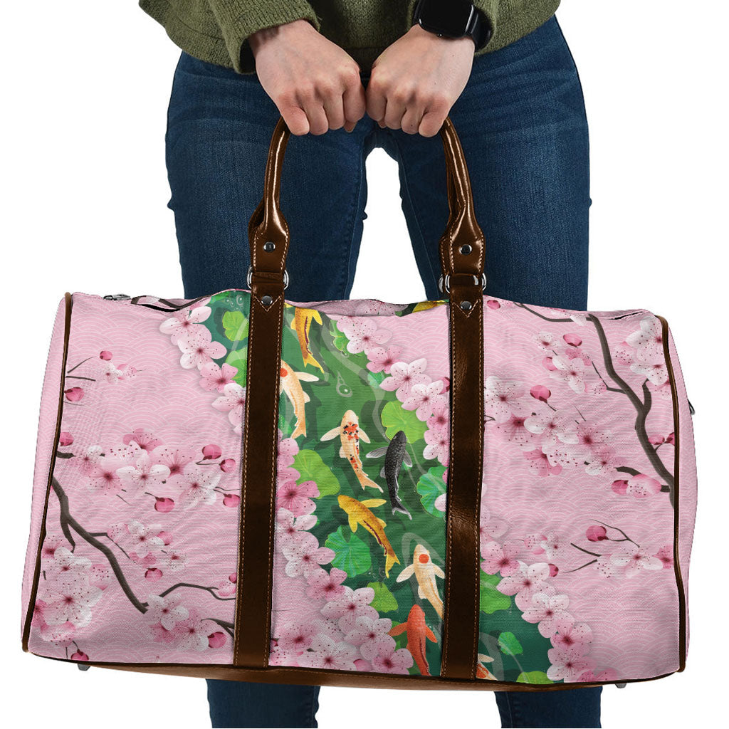 Koi Fish Sakura Japan Travel Bag Eternal Flow Cherry Blossom Seigaiha Pattern