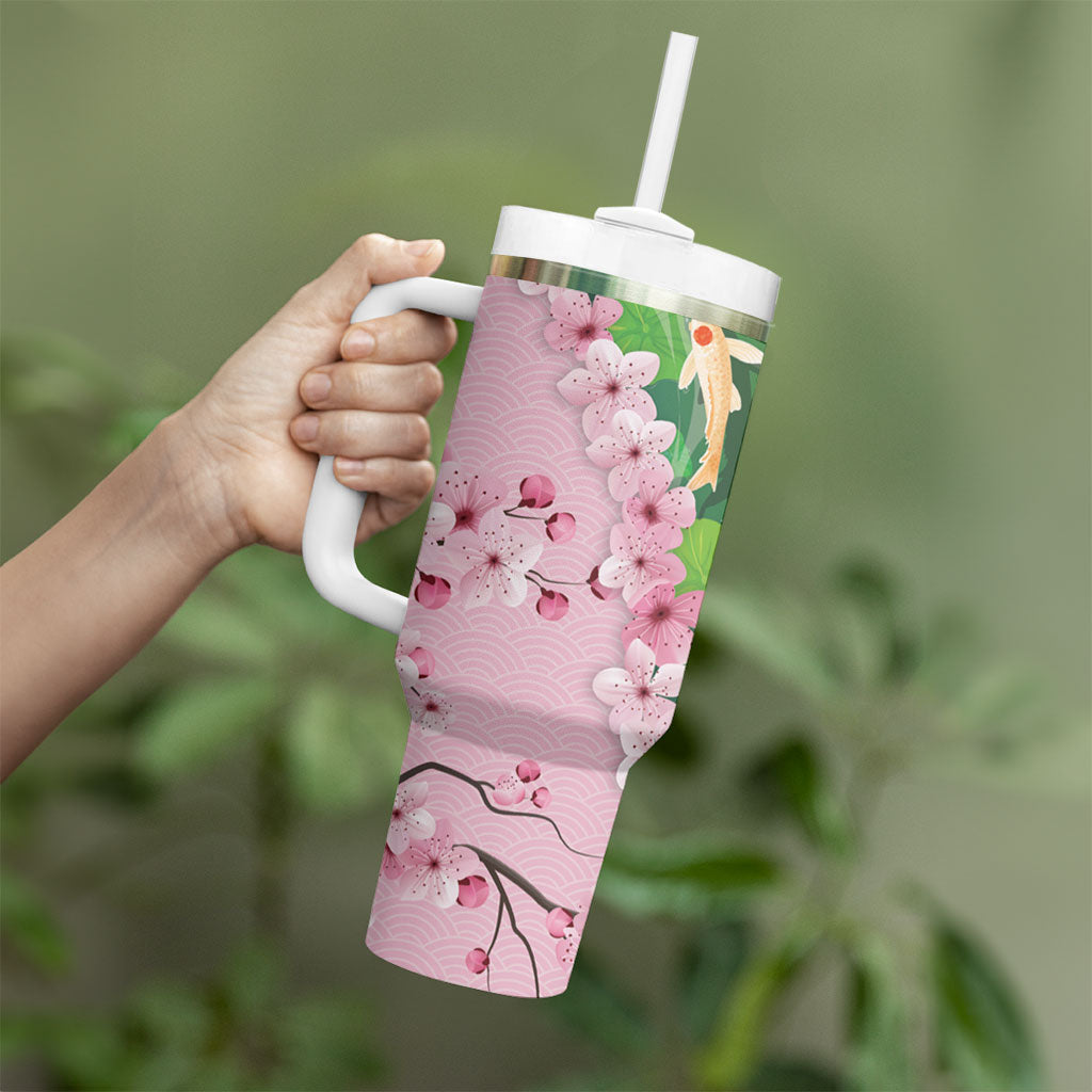 Koi Fish Sakura Japan Tumbler With Handle Eternal Flow Cherry Blossom Seigaiha Pattern