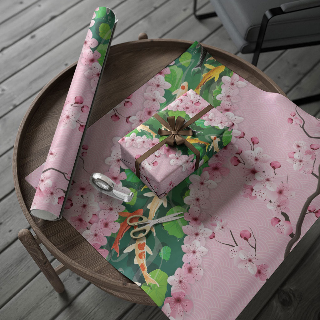 Koi Fish Sakura Japan Wrapping Paper Eternal Flow Cherry Blossom Seigaiha Pattern