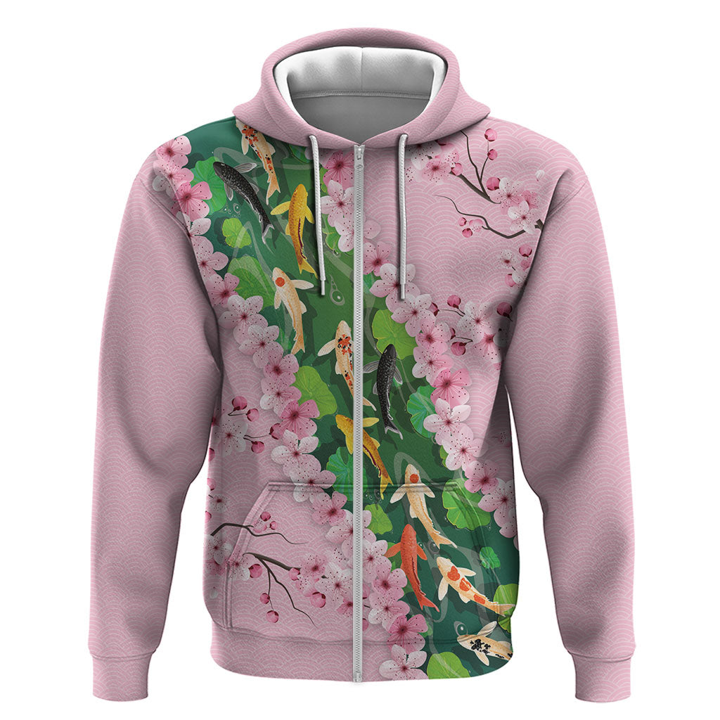 Koi Fish Sakura Japan Zip Hoodie Eternal Flow Cherry Blossom Seigaiha Pattern