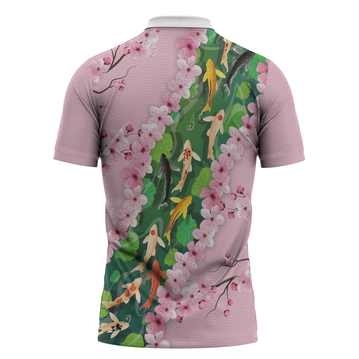 Koi Fish Sakura Japan Zipper Polo Shirt Eternal Flow Cherry Blossom Seigaiha Pattern