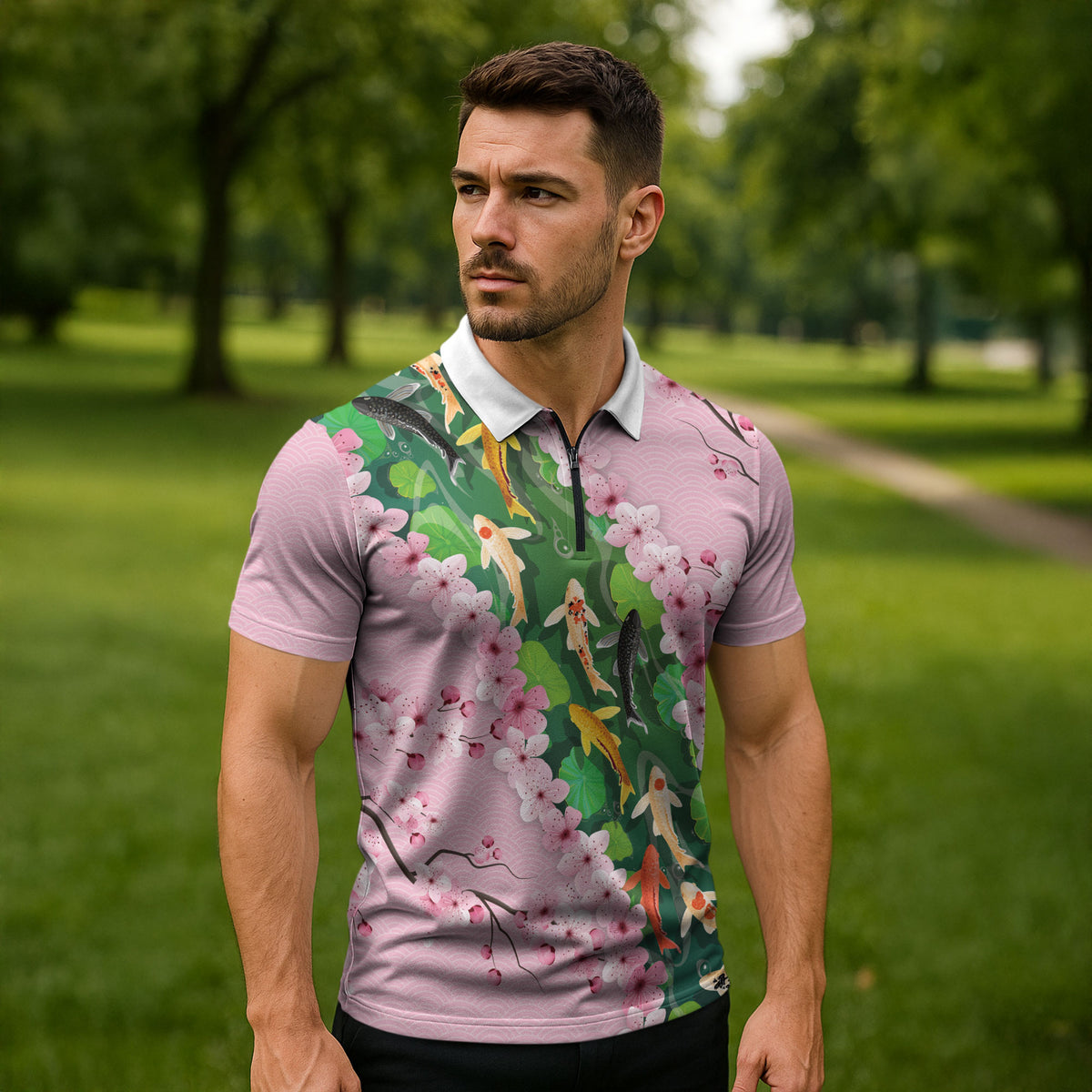 Koi Fish Sakura Japan Zipper Polo Shirt Eternal Flow Cherry Blossom Seigaiha Pattern