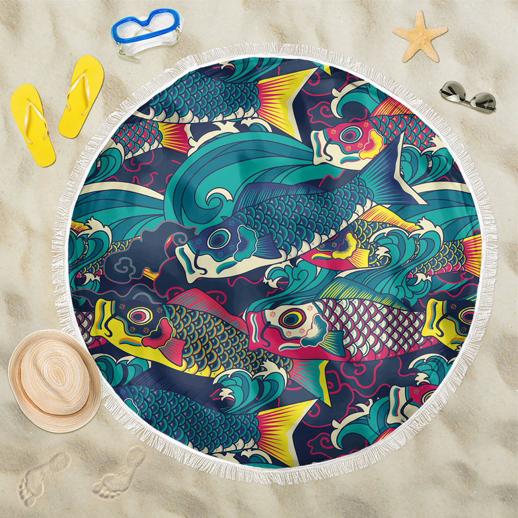 Japan Koinobori Beach Blanket Japanese Koi Flag Waves Pattern