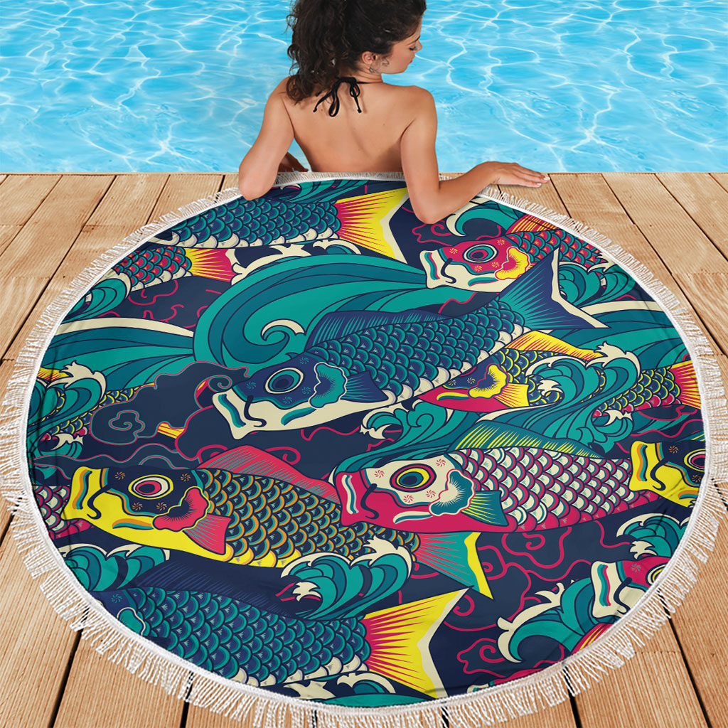Japan Koinobori Beach Blanket Japanese Koi Flag Waves Pattern