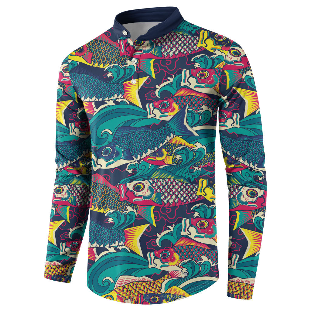 Japan Koinobori Button Sweatshirt Japanese Koi Flag Waves Pattern