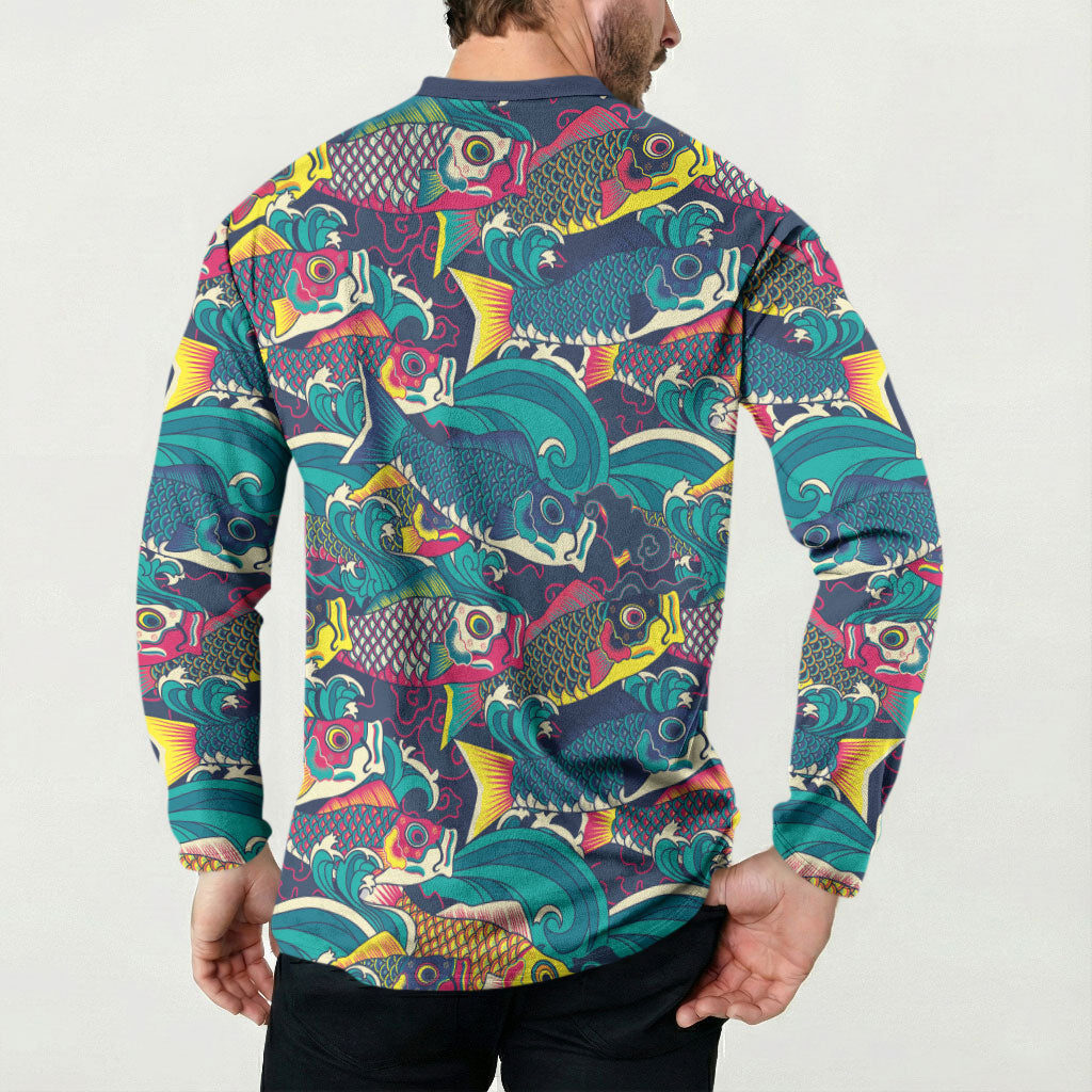 Japan Koinobori Button Sweatshirt Japanese Koi Flag Waves Pattern