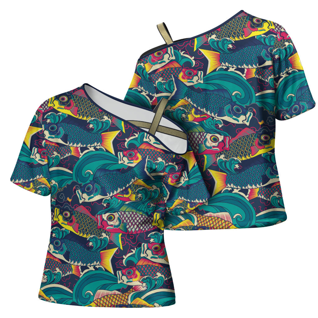 Japan Koinobori Cross Shoulder Shirt Japanese Koi Flag Waves Pattern