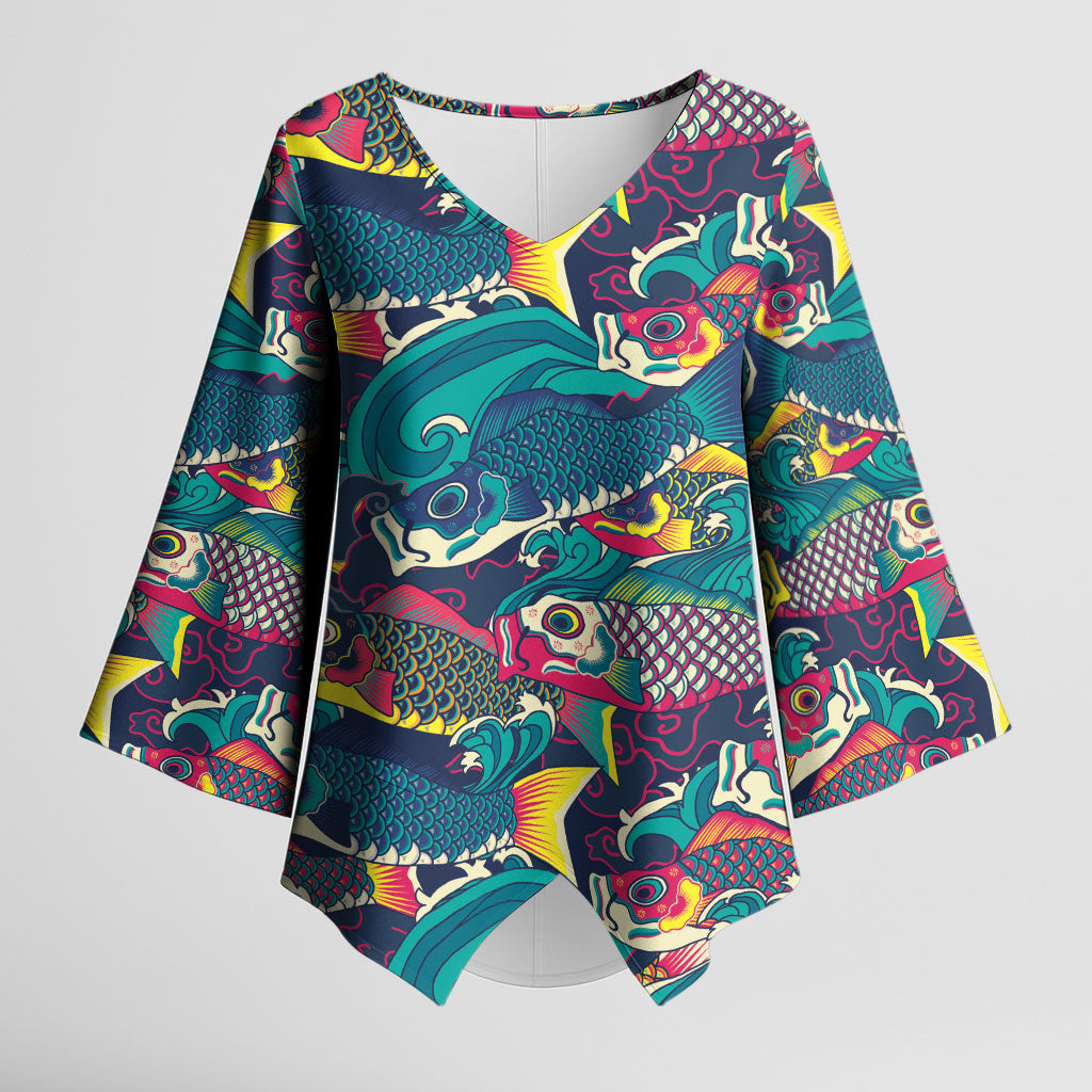 Japan Koinobori Kimono Sleeve Blouse Japanese Koi Flag Waves Pattern