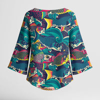 Japan Koinobori Kimono Sleeve Blouse Japanese Koi Flag Waves Pattern