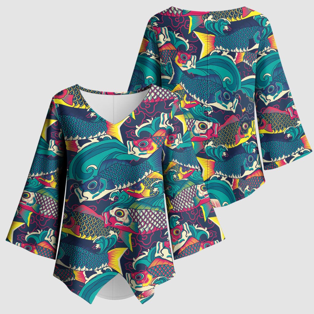 Japan Koinobori Kimono Sleeve Blouse Japanese Koi Flag Waves Pattern
