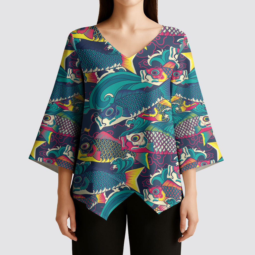 Japan Koinobori Kimono Sleeve Blouse Japanese Koi Flag Waves Pattern