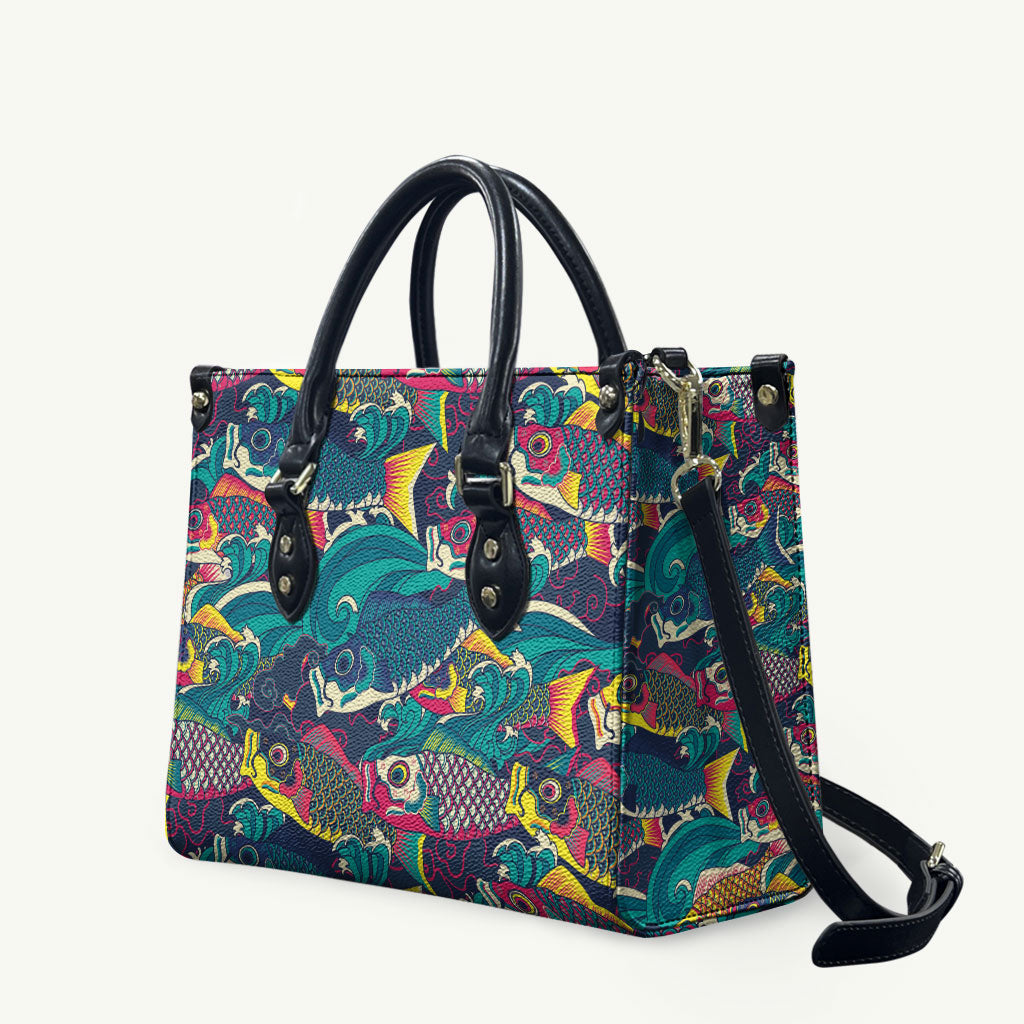 Japan Koinobori Leather Bag Japanese Koi Flag Waves Pattern