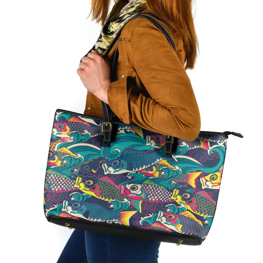 Japan Koinobori Leather Tote Bag Japanese Koi Flag Waves Pattern