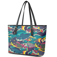 Japan Koinobori Leather Tote Bag Japanese Koi Flag Waves Pattern