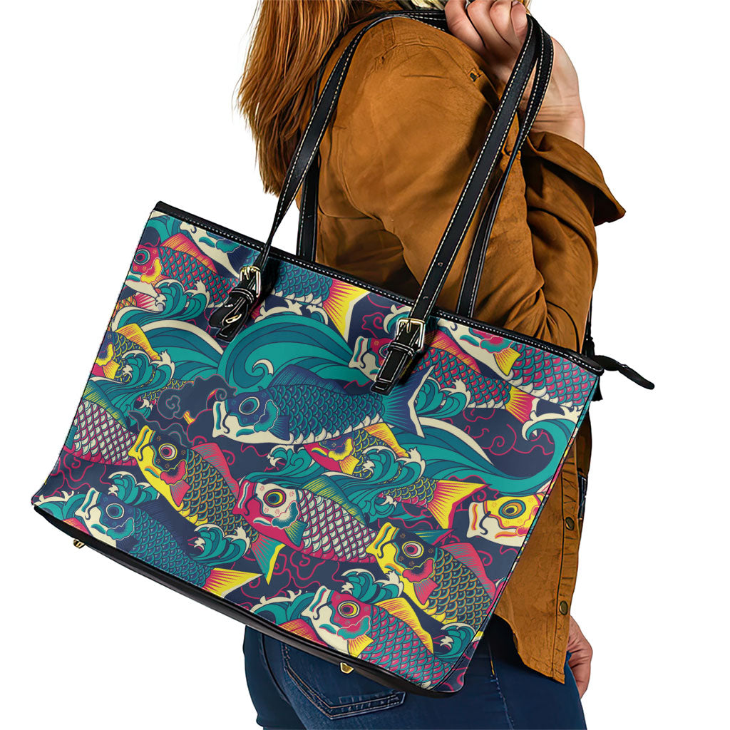Japan Koinobori Leather Tote Bag Japanese Koi Flag Waves Pattern