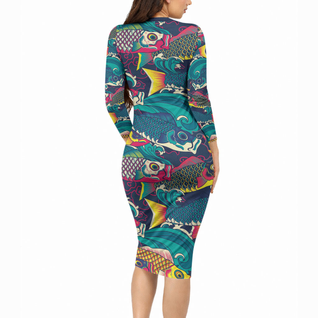 Japan Koinobori Long Sleeve Bodycon Dress Japanese Koi Flag Waves Pattern