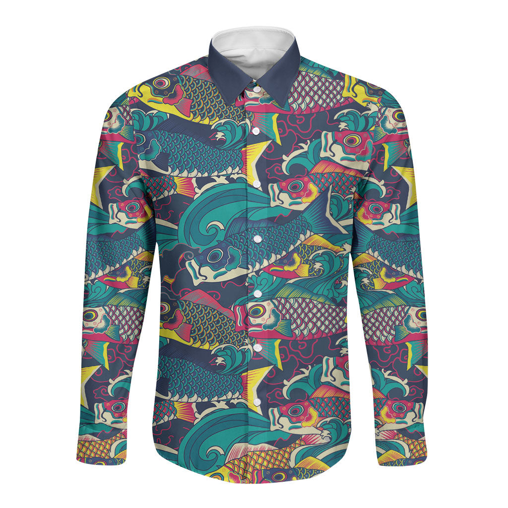Japan Koinobori Long Sleeve Button Shirt Japanese Koi Flag Waves Pattern LT14 Unisex Blue - Polynesian Pride