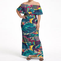 Japan Koinobori Off Shoulder Maxi Dress Japanese Koi Flag Waves Pattern