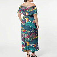 Japan Koinobori Off Shoulder Maxi Dress Japanese Koi Flag Waves Pattern