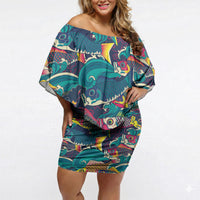Japan Koinobori Off Shoulder Short Dress Japanese Koi Flag Waves Pattern