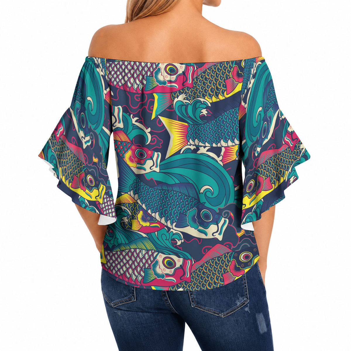 Japan Koinobori Off Shoulder Wrap Waist Top Japanese Koi Flag Waves Pattern