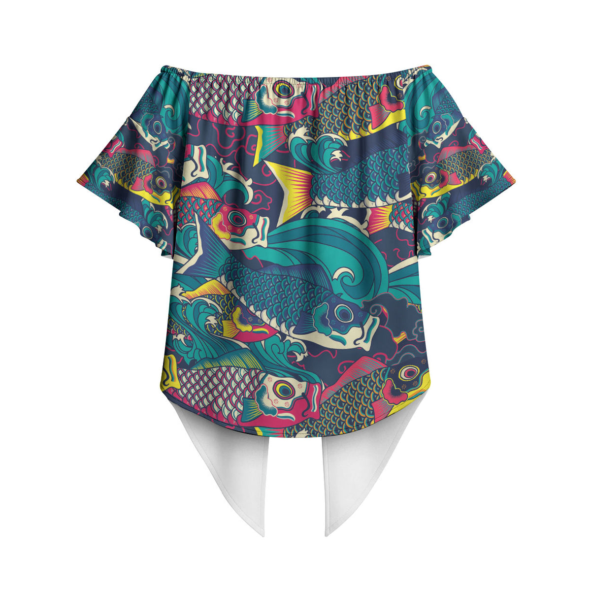 Japan Koinobori Off Shoulder Wrap Waist Top Japanese Koi Flag Waves Pattern