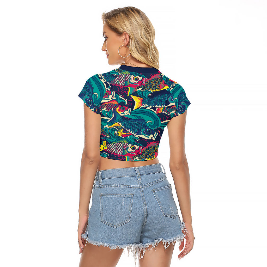 Japan Koinobori Raglan Cropped T Shirt Japanese Koi Flag Waves Pattern