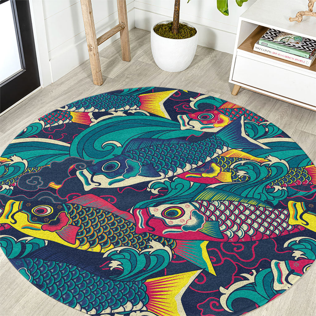 Japan Koinobori Round Carpet Japanese Koi Flag Waves Pattern