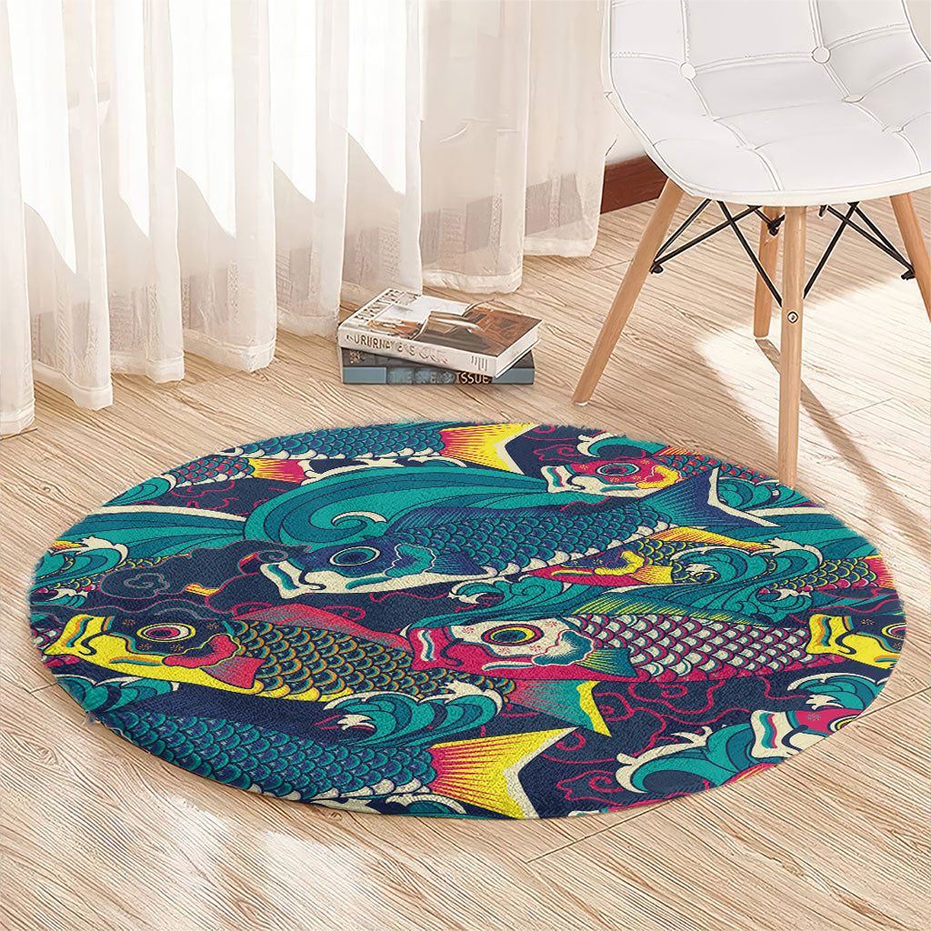 Japan Koinobori Round Carpet Japanese Koi Flag Waves Pattern
