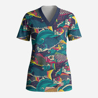 Japan Koinobori Scrub Top Japanese Koi Flag Waves Pattern
