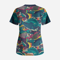 Japan Koinobori Scrub Top Japanese Koi Flag Waves Pattern