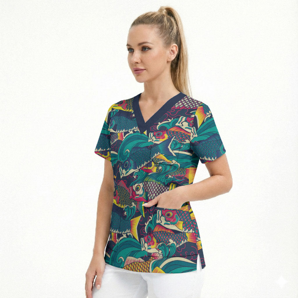 Japan Koinobori Scrub Top Japanese Koi Flag Waves Pattern