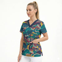 Japan Koinobori Scrub Top Japanese Koi Flag Waves Pattern