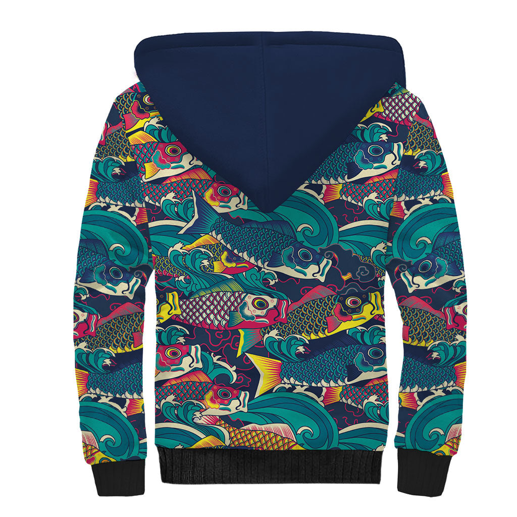 Japan Koinobori Sherpa Hoodie Japanese Koi Flag Waves Pattern