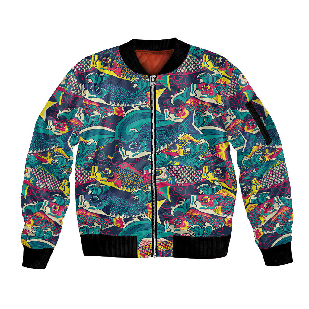 Japan Koinobori Sleeve Zip Bomber Jacket Japanese Koi Flag Waves Pattern