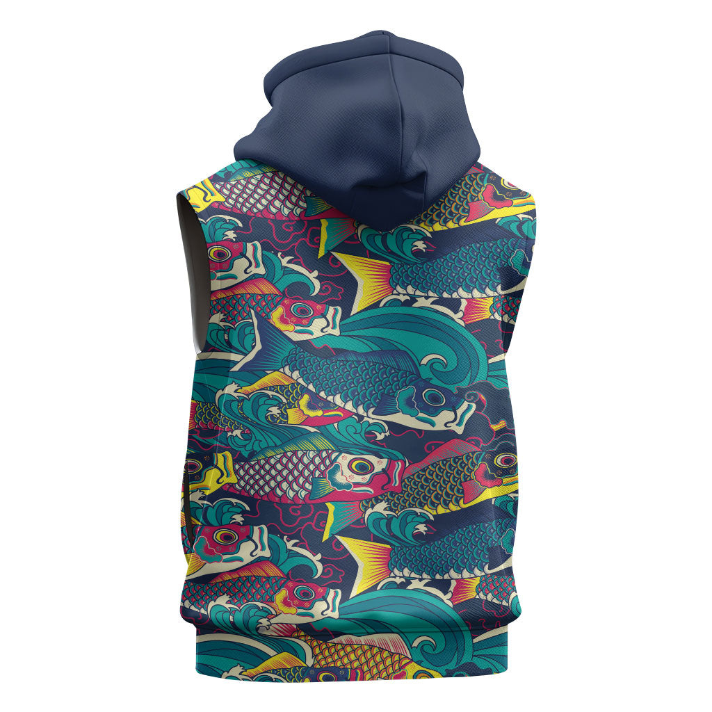 Japan Koinobori Sleeveless Hoodie Japanese Koi Flag Waves Pattern