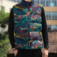 Japan Koinobori Sleeveless Puffer Jacket Japanese Koi Flag Waves Pattern
