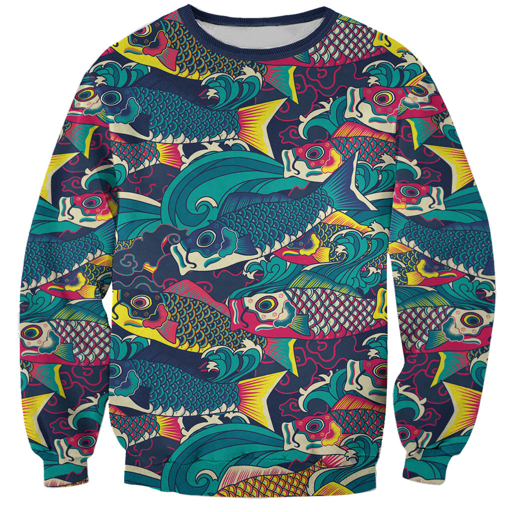 Japan Koinobori Sweatshirt Japanese Koi Flag Waves Pattern