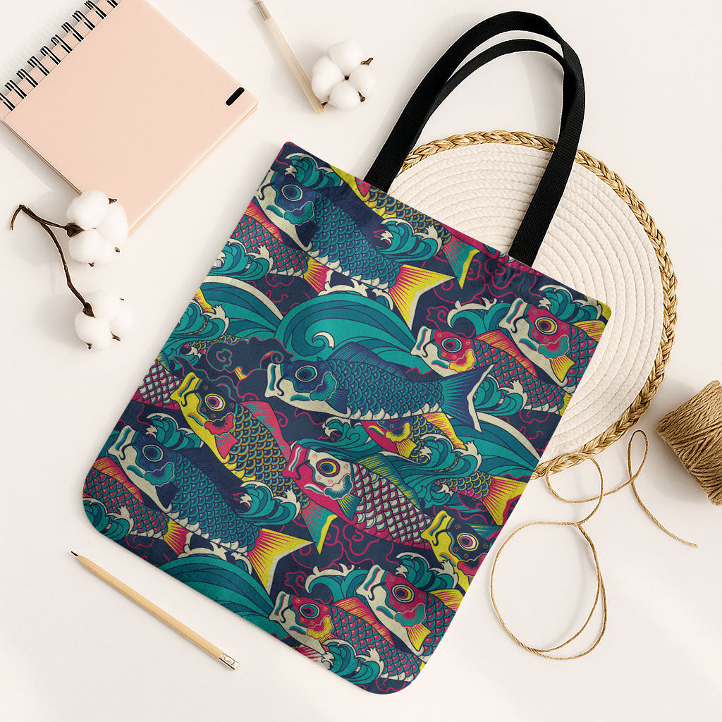 Japan Koinobori Tote Bag Japanese Koi Flag Waves Pattern