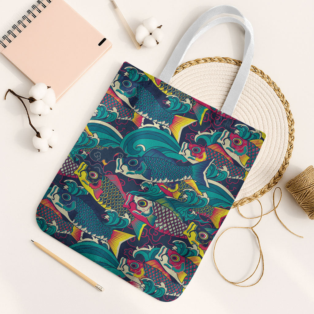 Japan Koinobori Tote Bag Japanese Koi Flag Waves Pattern