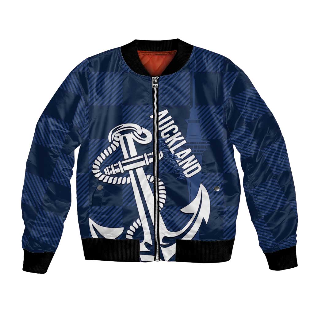 New Zealand Auckland Football Custom Bomber Jacket Navy Blue City Anchor Sky Tower Symbol - Polynesian Pride