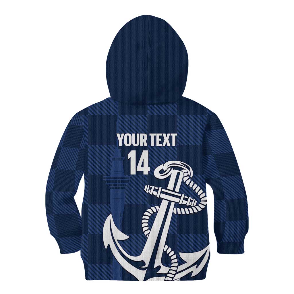 New Zealand Auckland Football Custom Kid Hoodie Navy Blue City Anchor Sky Tower Symbol - Polynesian Pride