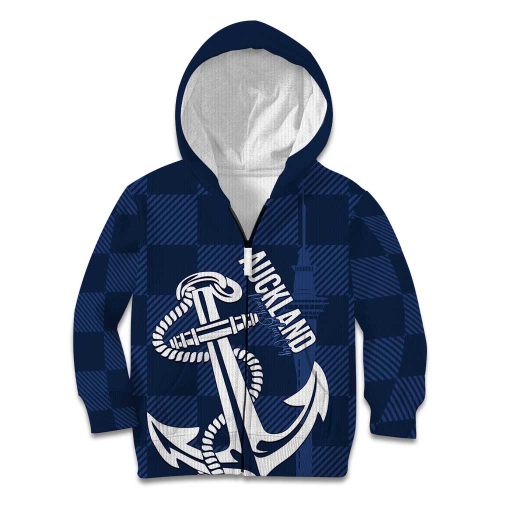 New Zealand Auckland Football Custom Kid Hoodie Navy Blue City Anchor Sky Tower Symbol - Polynesian Pride