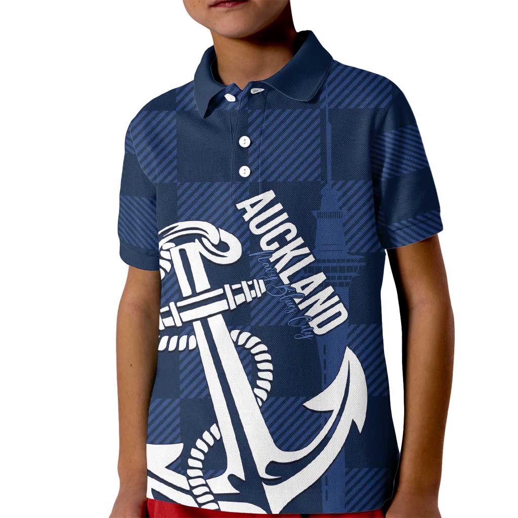New Zealand Auckland Football Custom Kid Polo Shirt Navy Blue City Anchor Sky Tower Symbol - Polynesian Pride