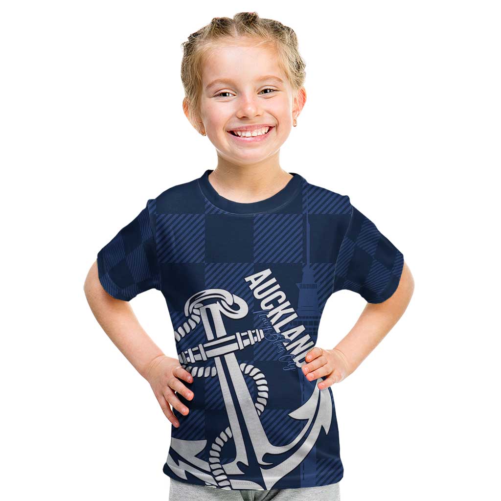 New Zealand Auckland Football Custom Kid T Shirt Navy Blue City Anchor Sky Tower Symbol - Polynesian Pride