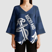 New Zealand Auckland Football Custom Kimono Sleeve Blouse Navy Blue City Anchor Sky Tower Symbol - Polynesian Pride