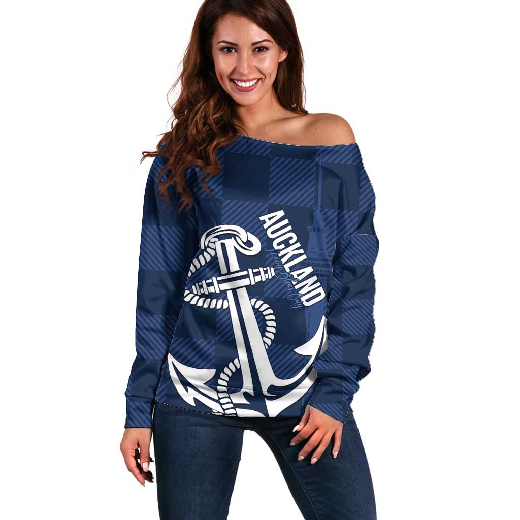 New Zealand Auckland Football Custom Off Shoulder Sweater Navy Blue City Anchor Sky Tower Symbol - Polynesian Pride